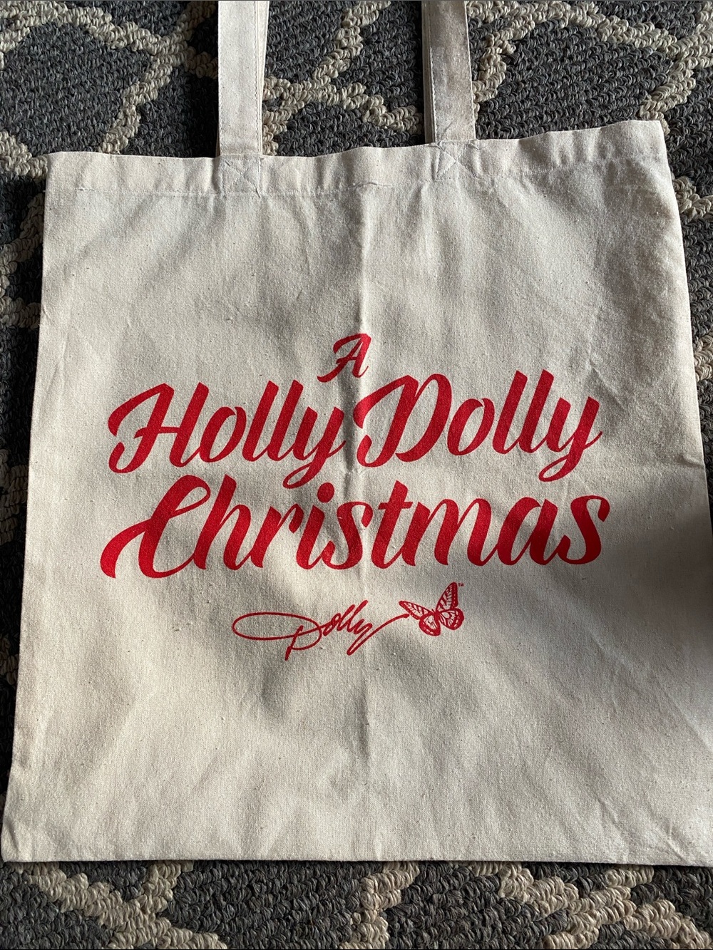 Dolly Cream Canvas Tote with Red Holiday Script